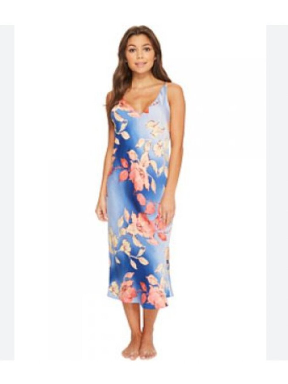 Natori Floral Chemise Gown Womens Medium Blue Satin V Neck Sleeveless Nightgown